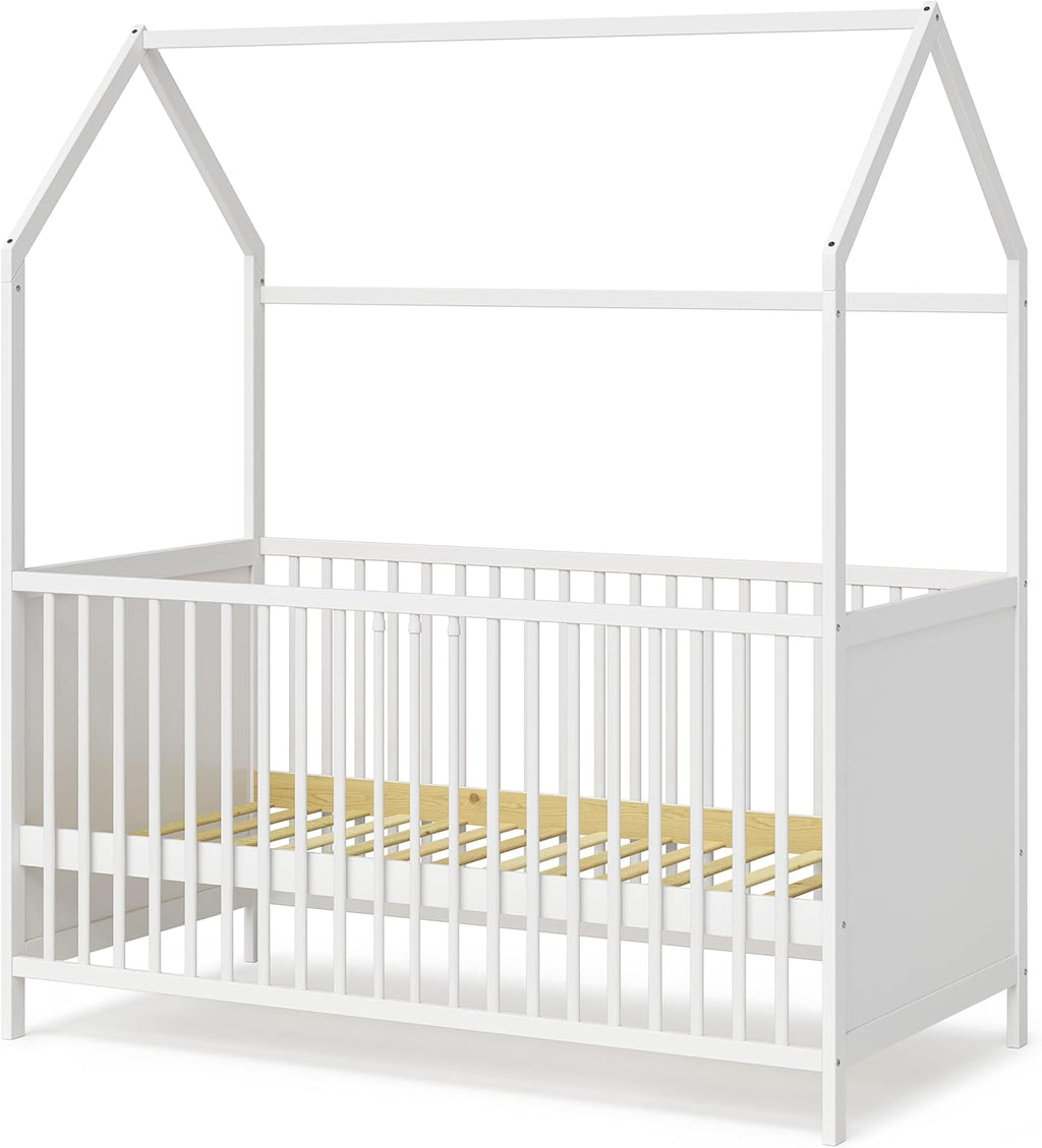 Bellabino Nika Lettino a capanna 70 x 140 cm, letto con sbarre e lettino a capanna per bambini e neonati in pino massiccio bianco, regolabile in altezza su 3 posizioni, incl. rete a doghe
