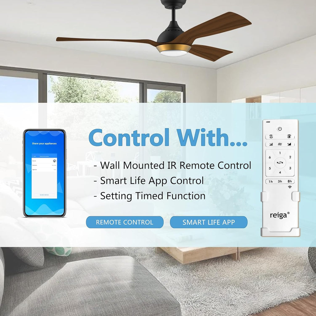 reiga Ventilatore da soffitto WiFi 132 CM con illuminazione a LED dimmerabile e telecomando, 3 temperature di colore, motore DC 6 velocità, compatibile con l'App Alexa Google Home, legno e marrone
