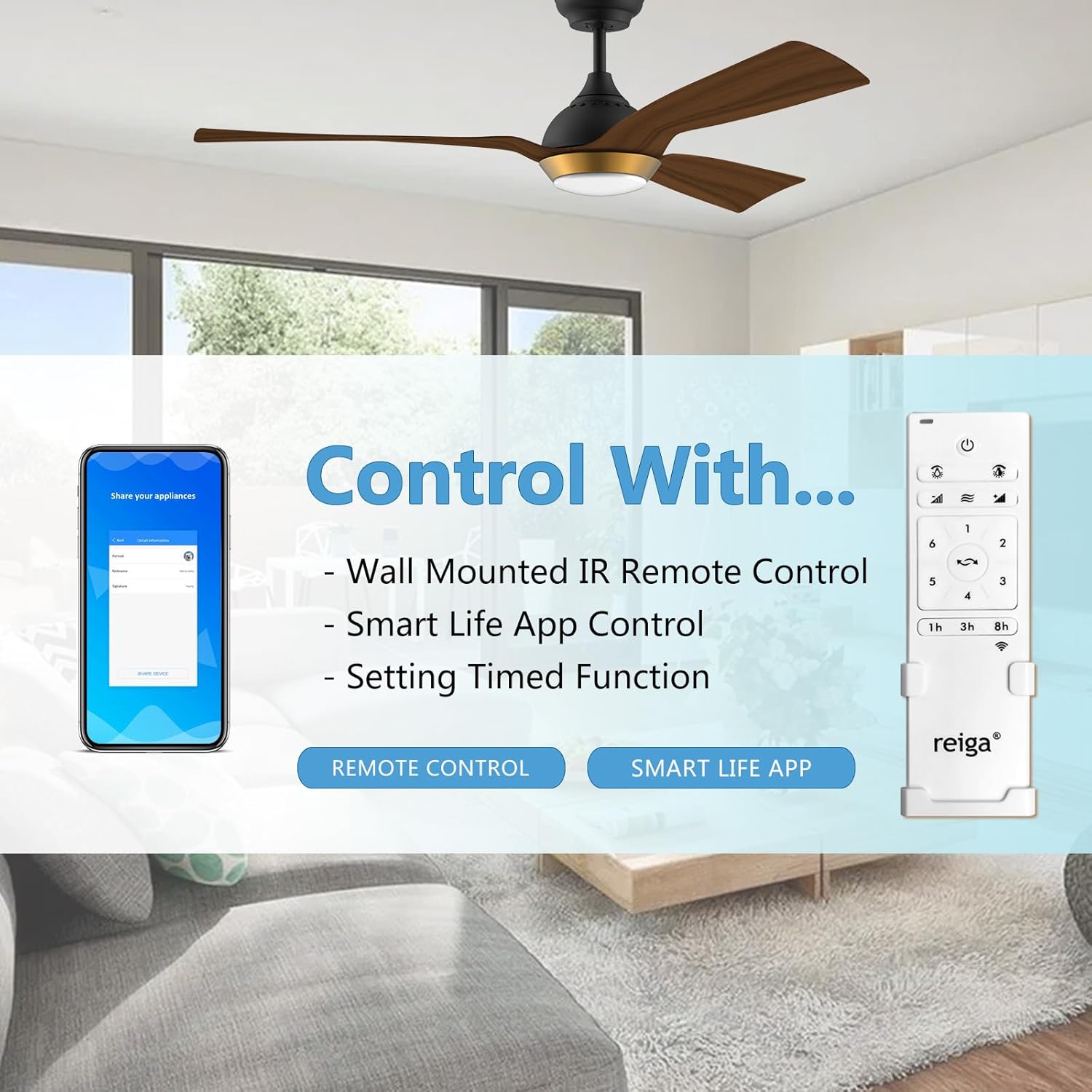 reiga Ventilatore da soffitto WiFi 132 CM con illuminazione a LED dimmerabile e telecomando, 3 temperature di colore, motore DC 6 velocità, compatibile con l'App Alexa Google Home, legno e marrone