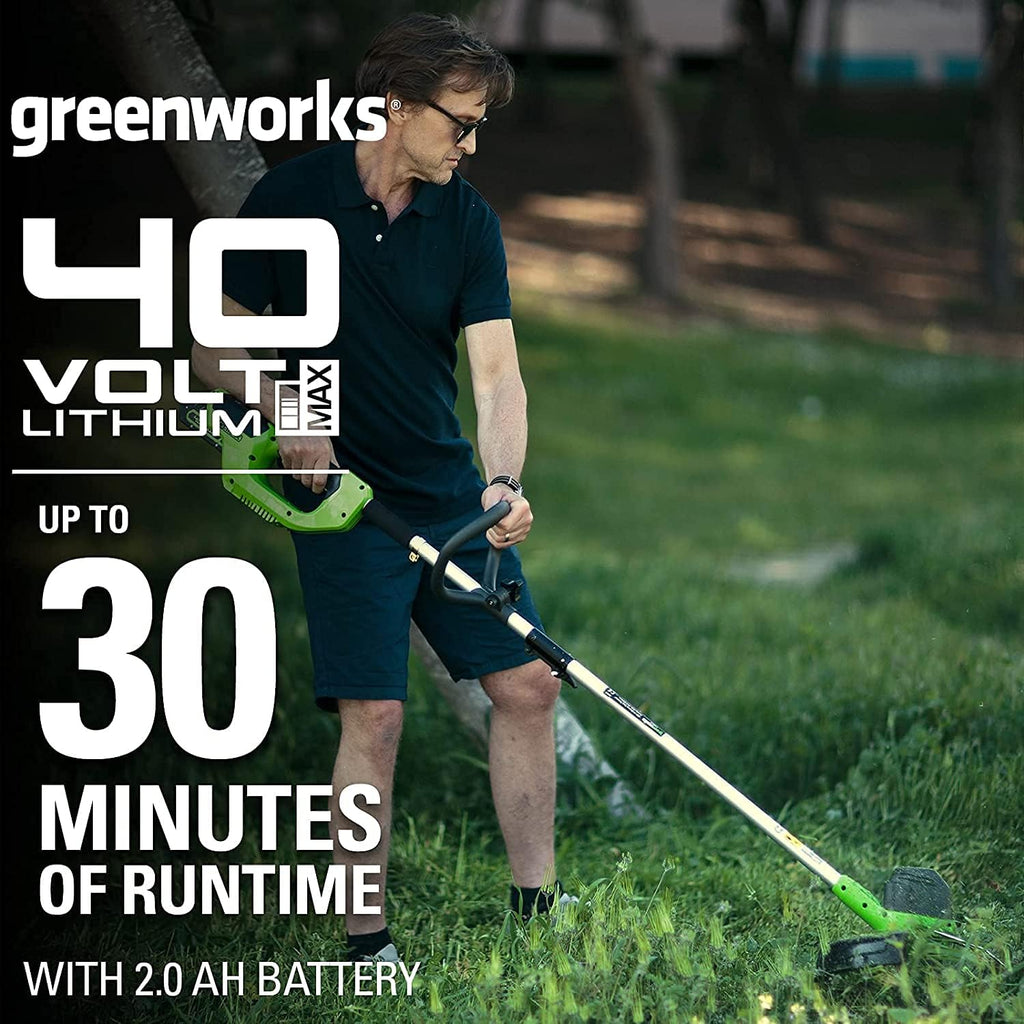 Greenworks 40V Akku Rasentrimmer für mittelgroße Gärten, höhenverstellbar, 30 cm Schnittbreite, automatischer Vorschub 1,65 mm Nylon Faden, zwei 40V 2Ah Akkus & Ladegerät, 3 Jahre Garantie G40LTK2X
