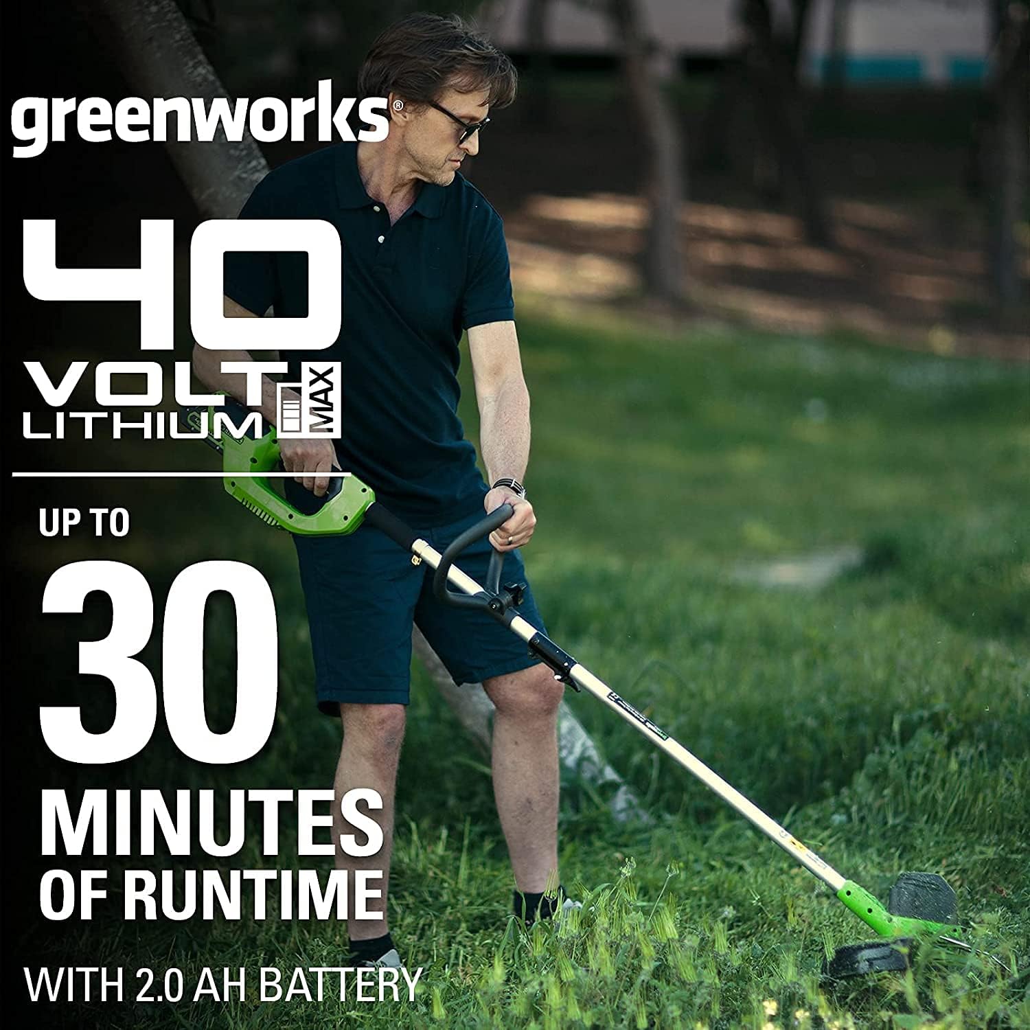 Greenworks 40V Akku Rasentrimmer für mittelgroße Gärten, höhenverstellbar, 30 cm Schnittbreite, automatischer Vorschub 1,65 mm Nylon Faden, zwei 40V 2Ah Akkus & Ladegerät, 3 Jahre Garantie G40LTK2X