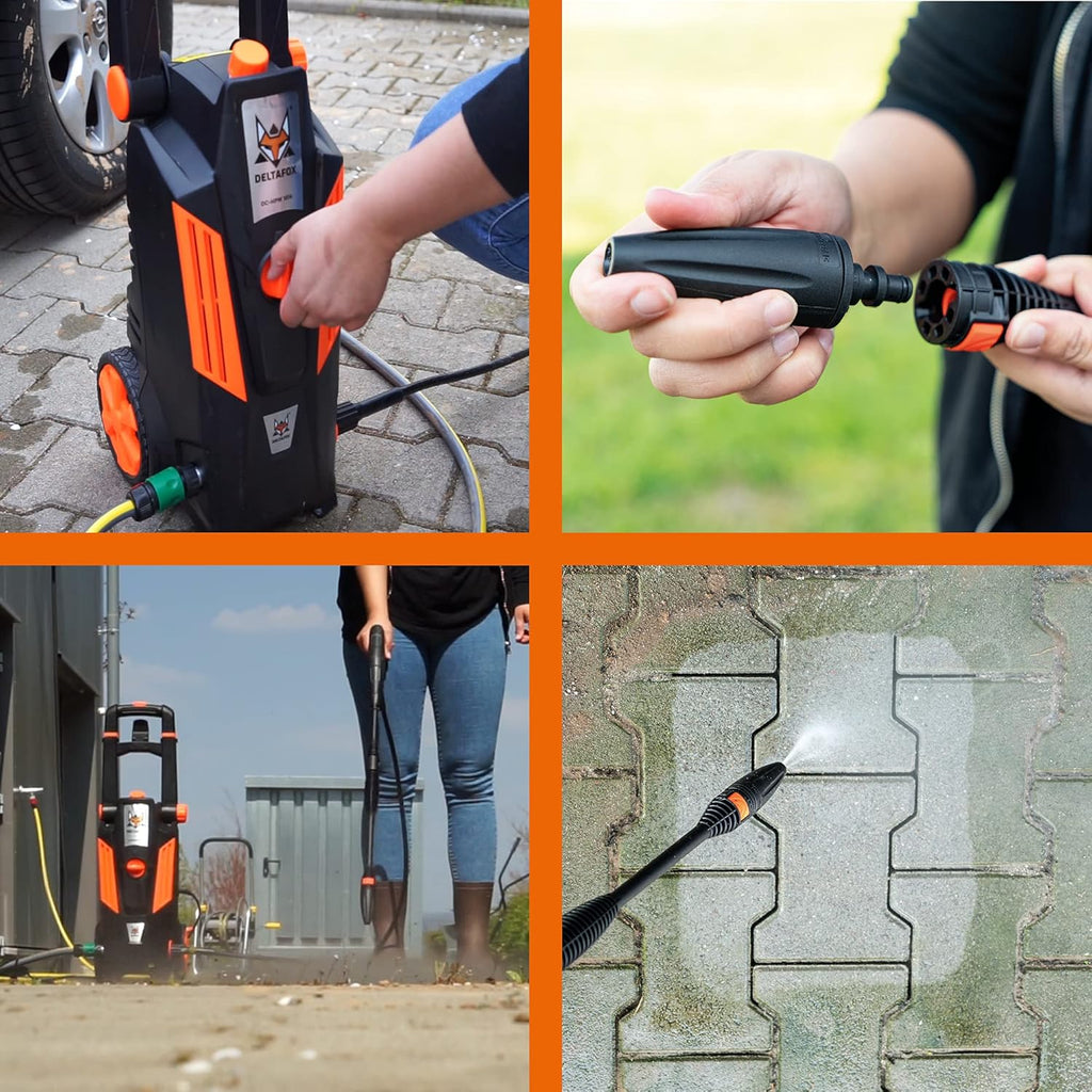 Idropulitrice DELTAFOX - pressione max 135 bar - 1800 W - portata max 420 l/h - tubo flessibile 5m - cavo 5m - serbatoio detergente 0,8L - avvolgitubo - pompa in alluminio