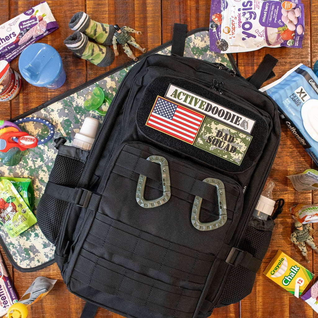 ActiveDoodie Wickeltasche mit taktischer Vorteilspackung, Wickelunterlage, Kinderwagengurte, Babyflaschen-Tasche, Dad Squad Patches, Herren-Wickeltasche
