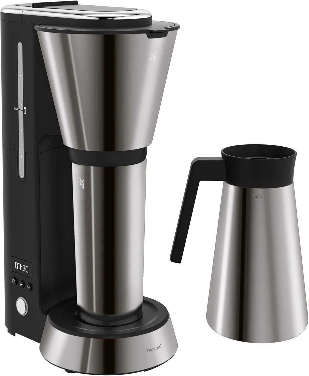 WMF Küchenminis Macchina da caffè con filtro Aroma, piccola, con caraffa termica, 870 Watt, tazza termica da asporto, macchina da caffè singola piccola con timer, cromargan opaco