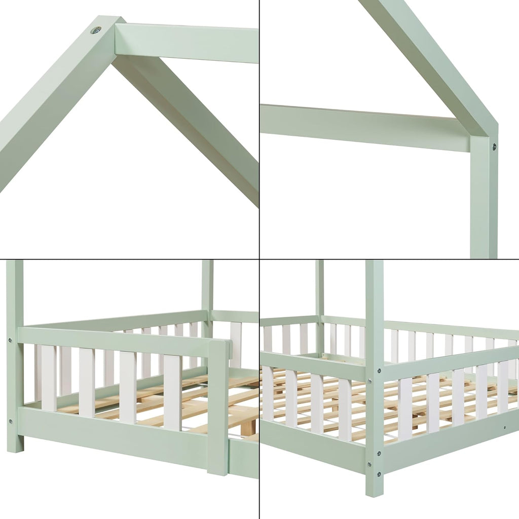 [en.casa] Letto per bambini Sisimiut a capanna 80 x 160 cm con protezione anticaduta letto in legno per bambini letto a terra rete a doghe in legno di pino Bianco opaco