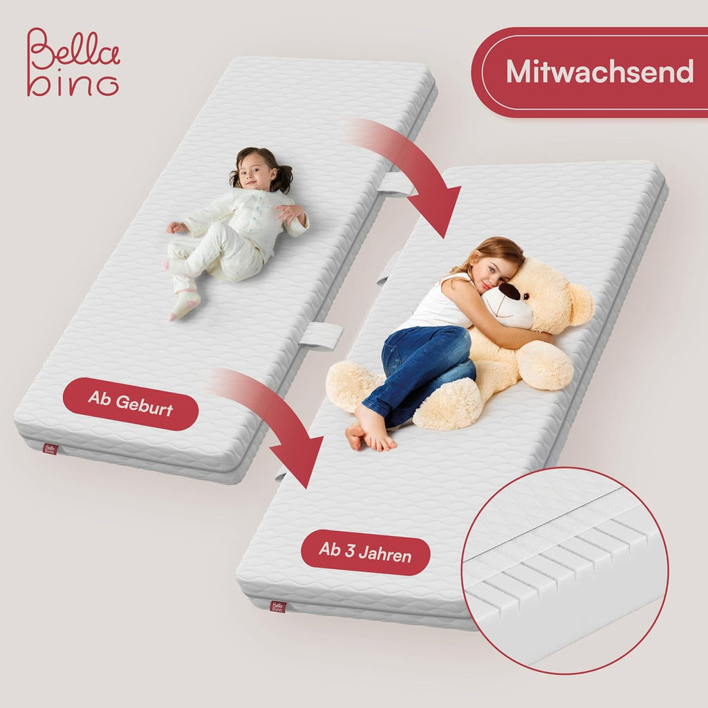 Bellabino Lettino per bambini Bia 140x200 cm, letto a capanna per bambini con protezione anticaduta e rete a doghe arrotolabile, letto a terra Montessori bianco in legno massello di pino
