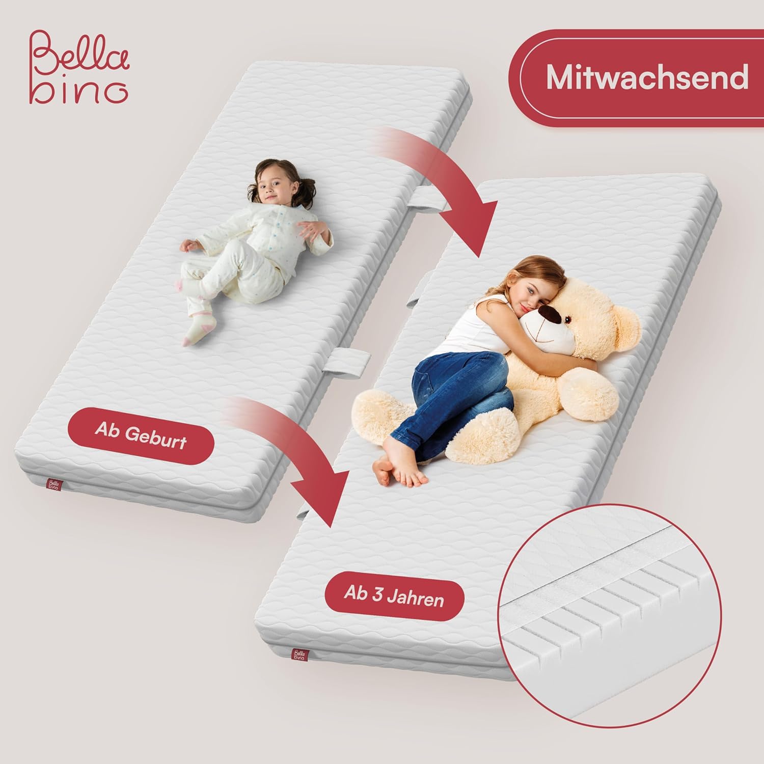 Bellabino Lettino per bambini Bia 140x200 cm, letto a capanna per bambini con protezione anticaduta e rete a doghe arrotolabile, letto a terra Montessori bianco in legno massello di pino