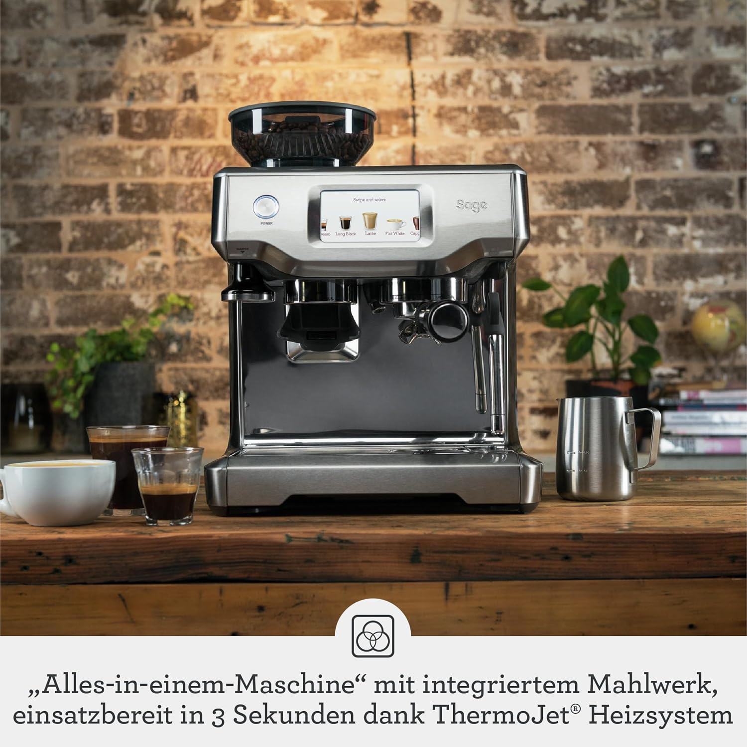 Sage - The Barista Touch - Macchina da caffè con schiumalatte automatico e macinacaffè integrato - Touchscreen, pressino rimovibile, 5 impostazioni predefinite - Macchina per caffè espresso - Acciaio Inox Spazzolato