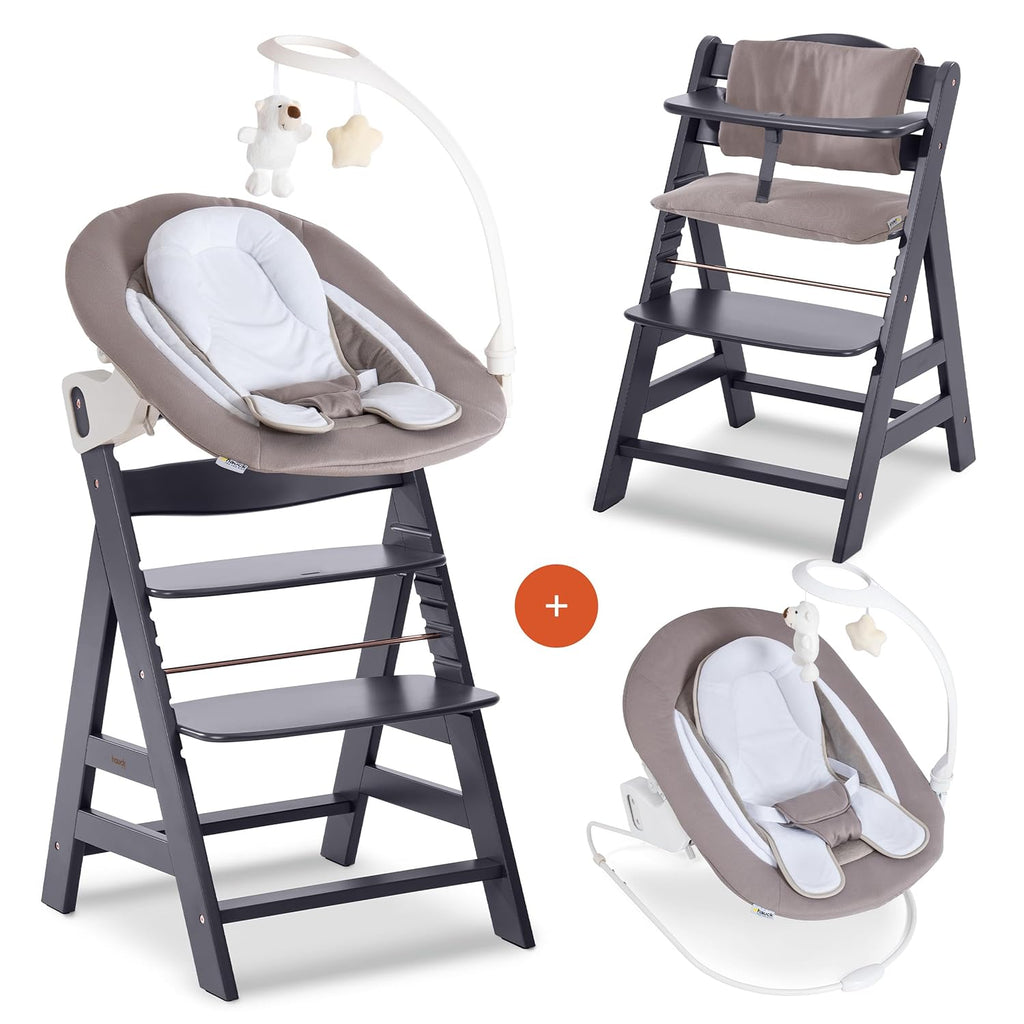 hauck Alpha Plus Newborn Set Deluxe - Seggiolone Pappa Legno da Nascita con Funzione Sdraietta - include Sdraietta per Neonato & Cuscino - Evolutivo, Regolabile - Dark Grey