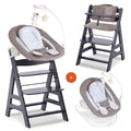 hauck Alpha Plus Newborn Set Deluxe - Seggiolone Pappa Legno da Nascita con Funzione Sdraietta - include Sdraietta per Neonato & Cuscino - Evolutivo, Regolabile - Dark Grey
