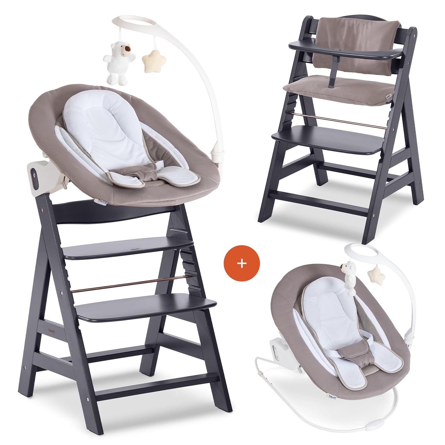 hauck Alpha Plus Newborn Set Deluxe - Seggiolone Pappa Legno da Nascita con Funzione Sdraietta - include Sdraietta per Neonato & Cuscino - Evolutivo, Regolabile - Dark Grey