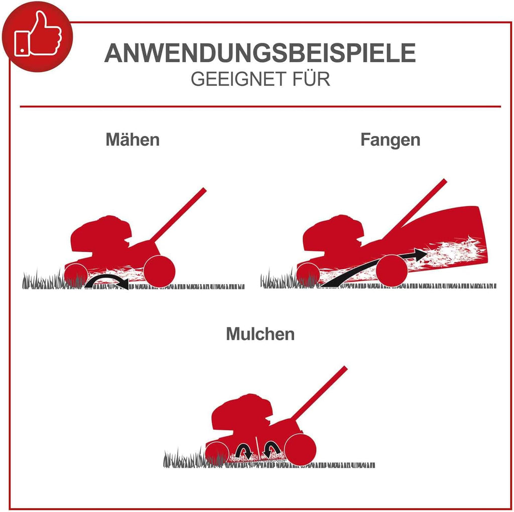 Scheppach MS150-46E Rasaerba a benzina con avviamento elettrico | Larghezza di taglio 46 cm | Funzione di pulizia | Cesto di raccolta da 55 litri | Scocca in acciaio | Regolazione altezza a 7 posizioni | Funzione mulching | Trazione | Scarico laterale