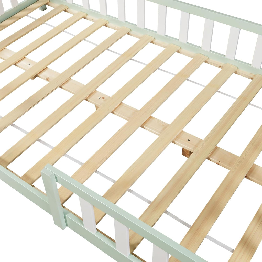 [en.casa] Letto per bambini Sisimiut a capanna 80 x 160 cm con protezione anticaduta letto in legno per bambini letto a terra rete a doghe in legno di pino Bianco opaco
