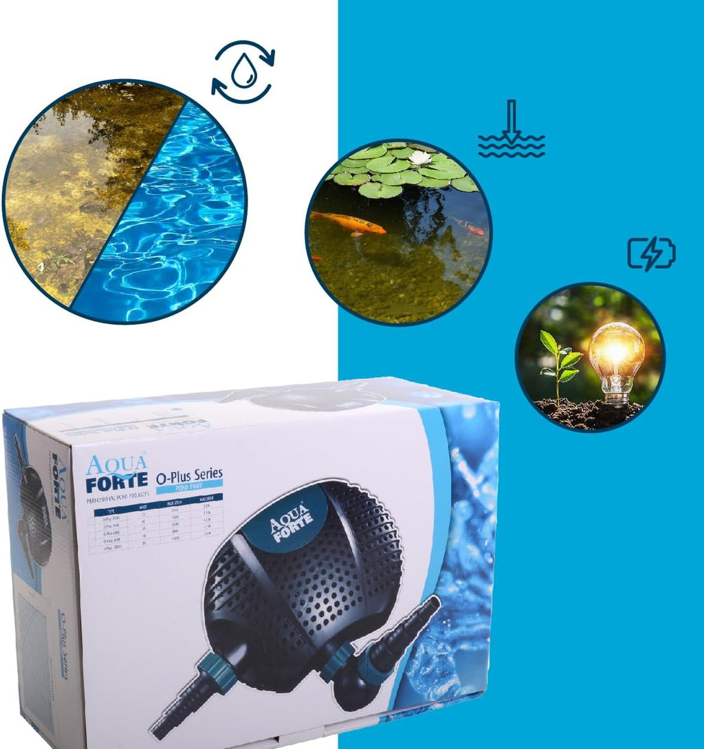AquaForte O-20000 Plus, 200 Watt, portata max 19 m³/ora, prevalenza max 7 metri, lunghezza cavo 10 metri, per ruscelli, cascate, fontane, filtri, ecc, Nero