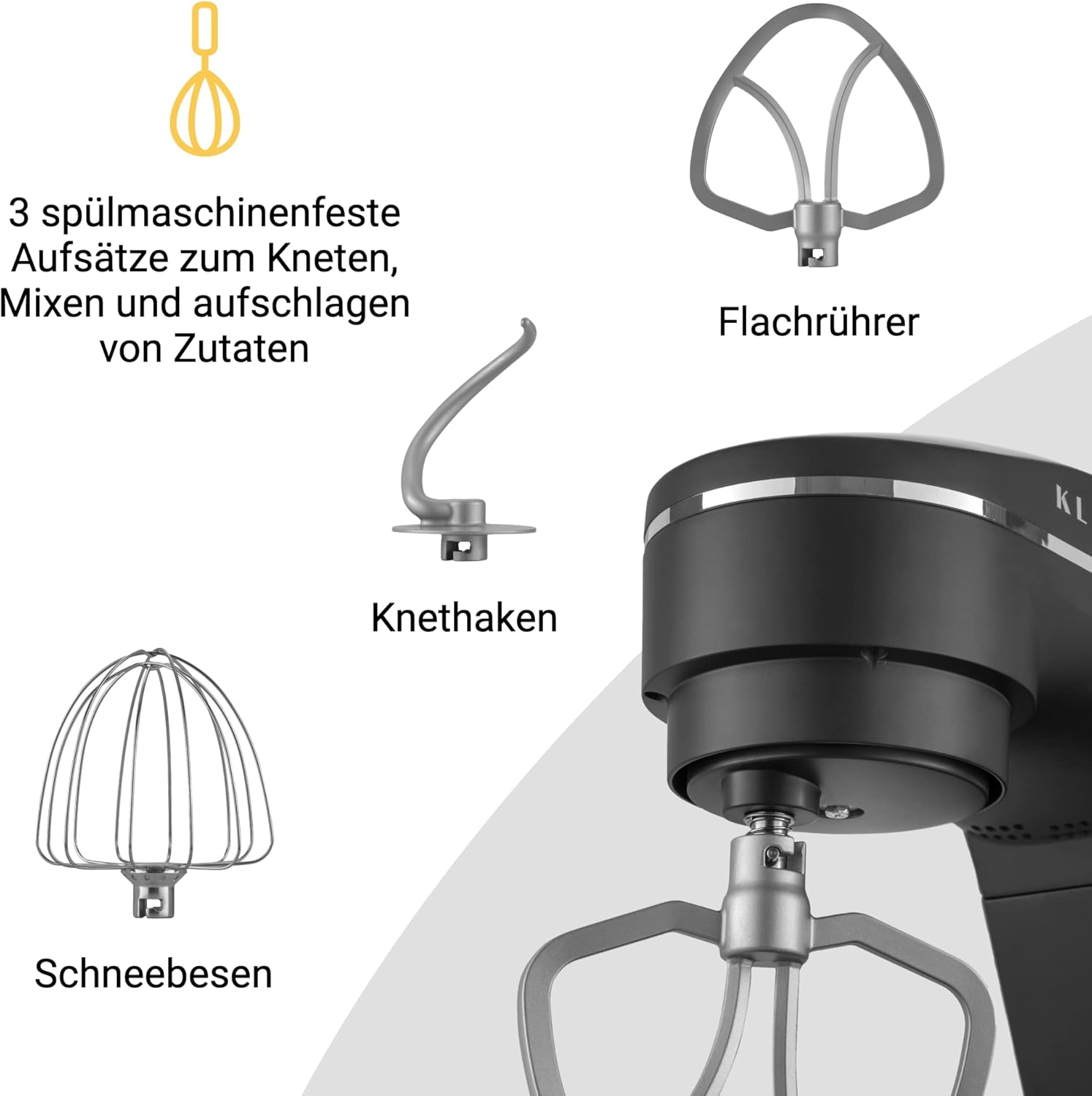 KLAMER Robot da Cucina 1800W, Impastatrice per Pane con Ciotola in Acciaio Inox da 6 L, 10 Velocità con Timer, Movimento Planetario, Frusta a Filo, Gancio Impastatore, Frusta a Palloncino e Coperchio Antischizzi (Nero)