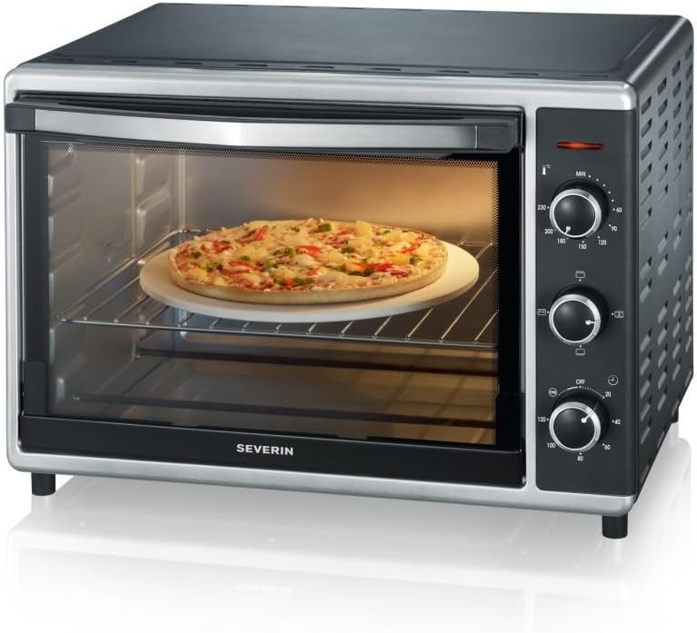 SEVERIN Forno e Tostapane con funzione ventilata, Mini Forno con griglia, teglia da forno, spiedo rotante e pietra per pizza, forno ventilato versatile con capacità di 42 L, 1.800 W, nero, TO 2058