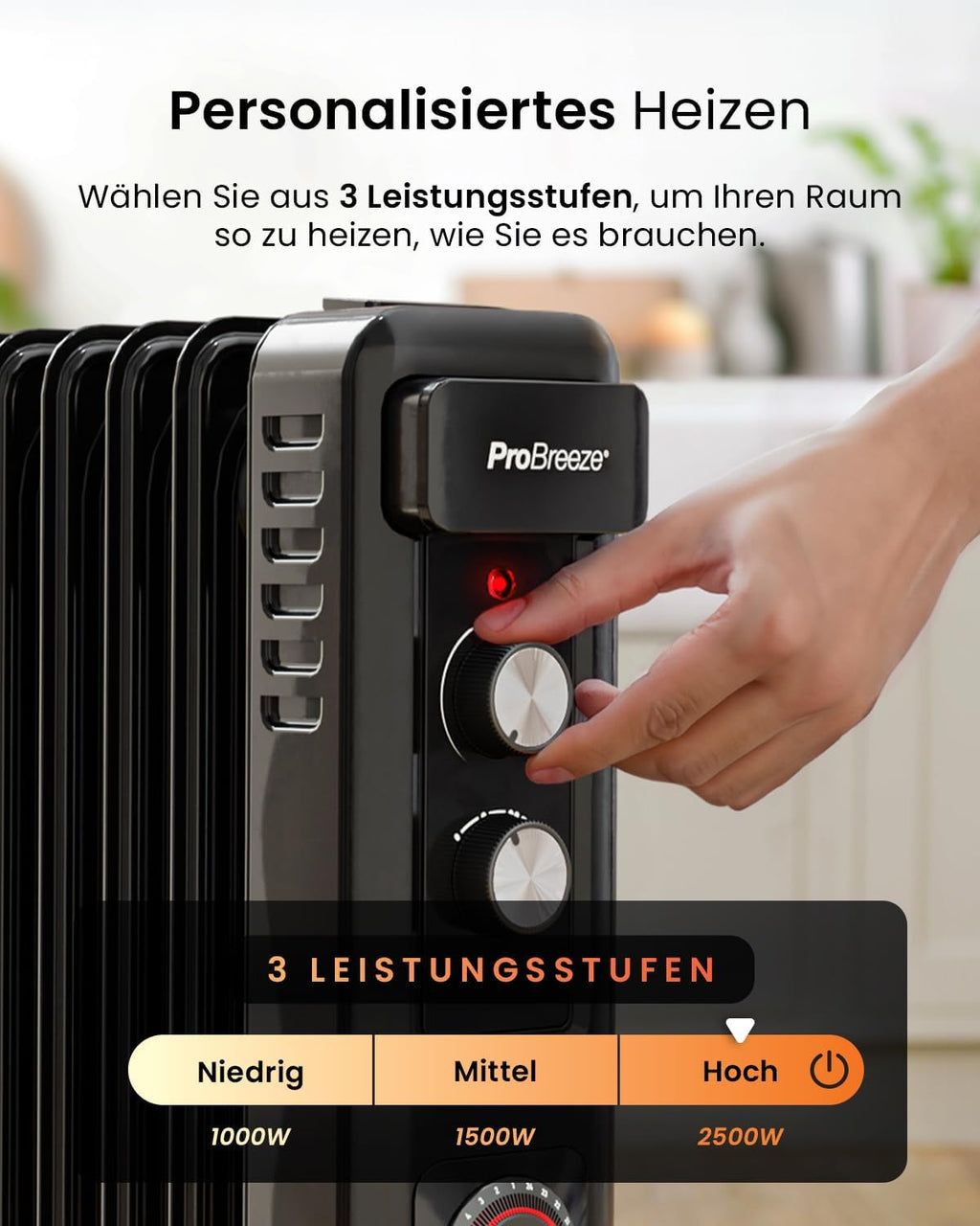 Pro Breeze Radiatore a Olio 2500W con 11 Elementi Riscaldanti, Stufetta Elettrica, Timer 24h, Termosifone Elettrico a Basso Consumo, 3 Livelli di Potenza, Termostato Regolabile e Funzione di Spegnimento di Sicurezza