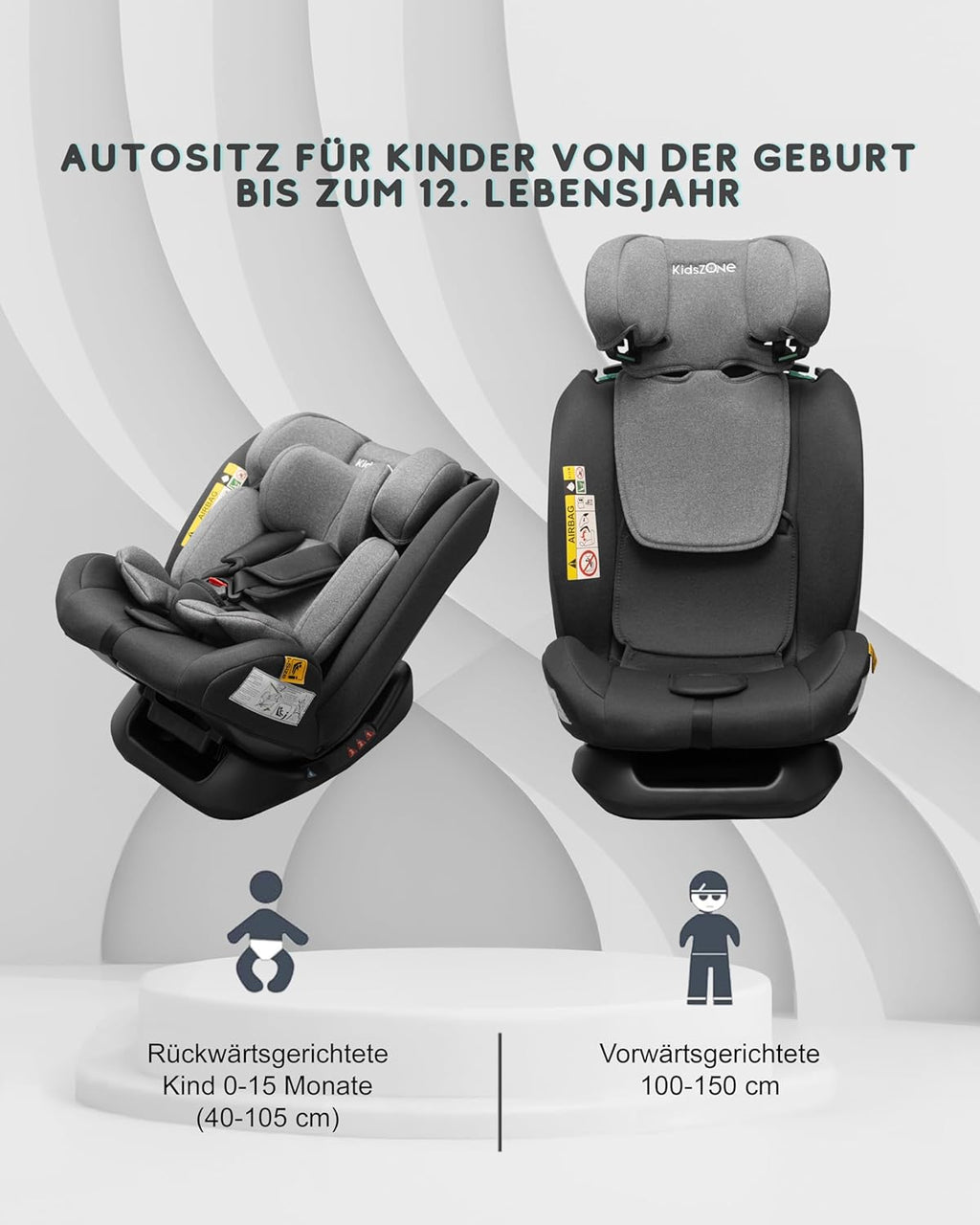 Kindersitz ohne Isofix 0-36 kg – Autositz i-Size 40-150 cm (Gruppe 0+ 1 2 3) – 5 Punkt Sicherheitsgurt, Verstellbare Kopfstütze
