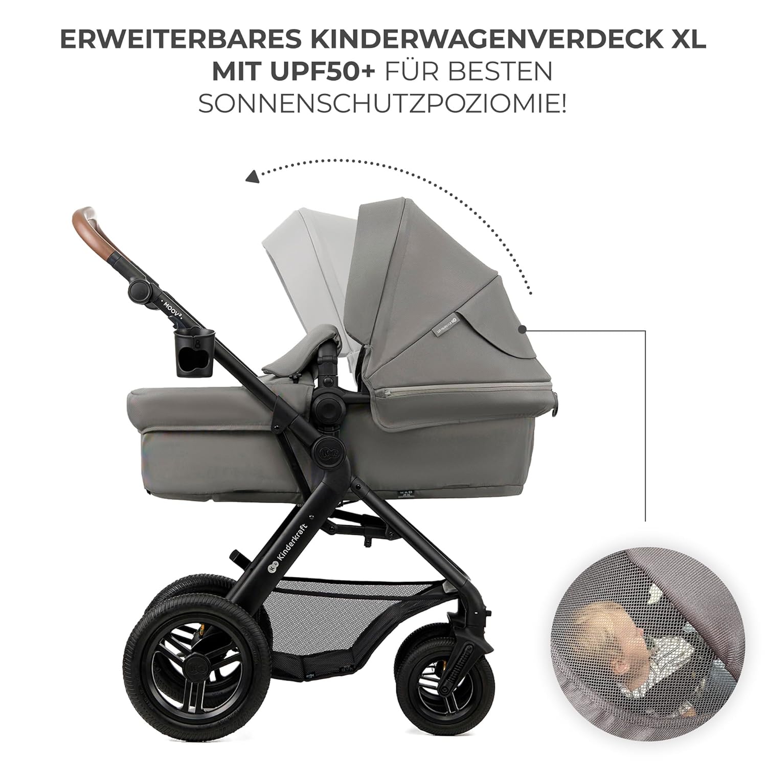 Kinderkraft MOOV2 AIR Passeggino 3 in 1, Set da 26 kg con seggiolino auto I-SIZE 40-75 cm, funzione passeggino, schienale reclinabile, ampia cappottina estensibile, ruote gonfiabili, grigio