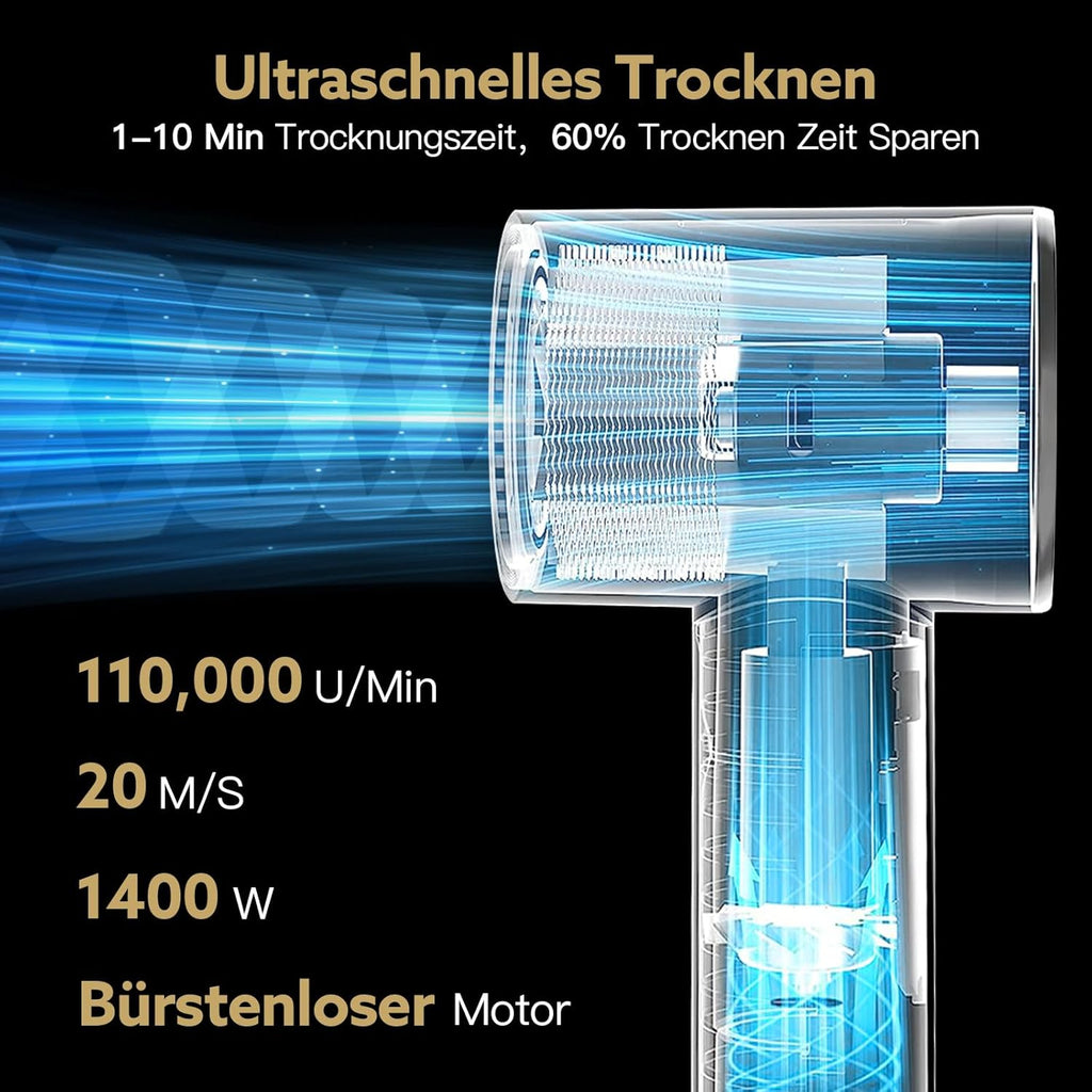 webeauty Asciugacapelli 5 in 1, 110.000 giri/min, 20 m/s, Asciugacapelli brushless ad alta velocità con 200 milioni di ioni negativi con spazzola ad aria calda e arricciacapelli ad aria, Bianco