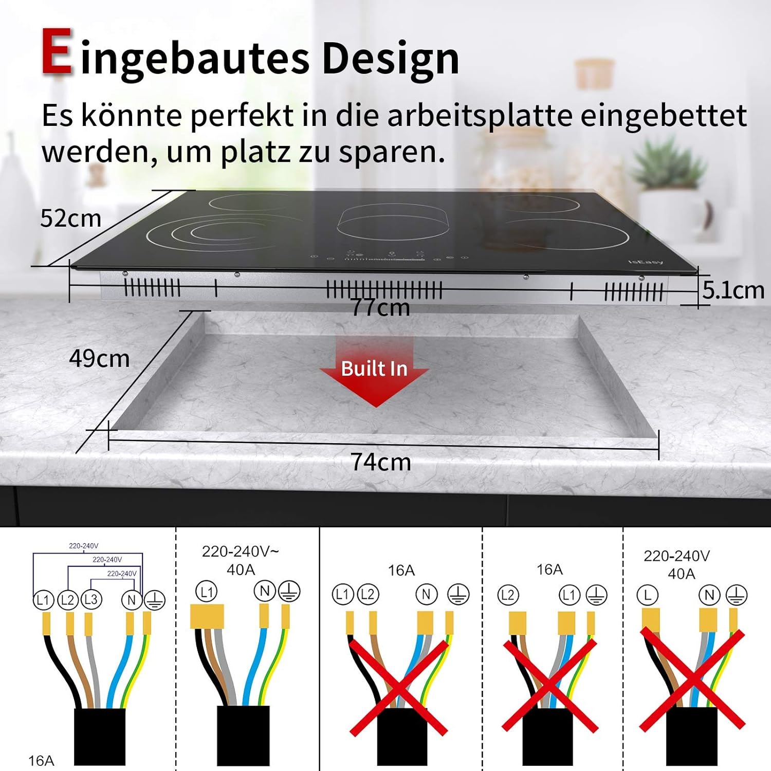 IsEasy 4 Zonen Einbau Induktionskochfeld mit 9 Leistungsstufen &1-99Min Timer, Boost-Funktion, Induktionskochplatte, Induktion Herdplatte mit 4 Platten, 60cm, 6800W, Schwarz