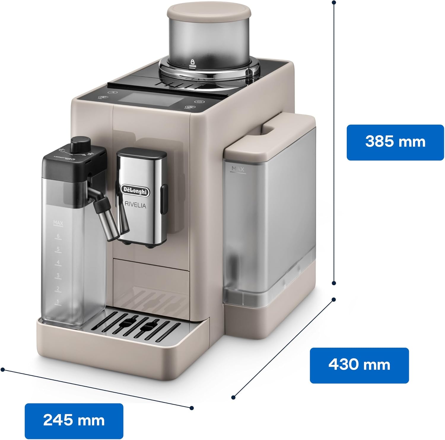 De'Longhi Rivelia EXAM440.35.BG Macchina da caffè automatica con lancia vapore, contenitore chicchi intercambiabile, 8 bevande a base di caffè one-touch, funzione Extra Shot, display touch da 3,5 pollici, Beige