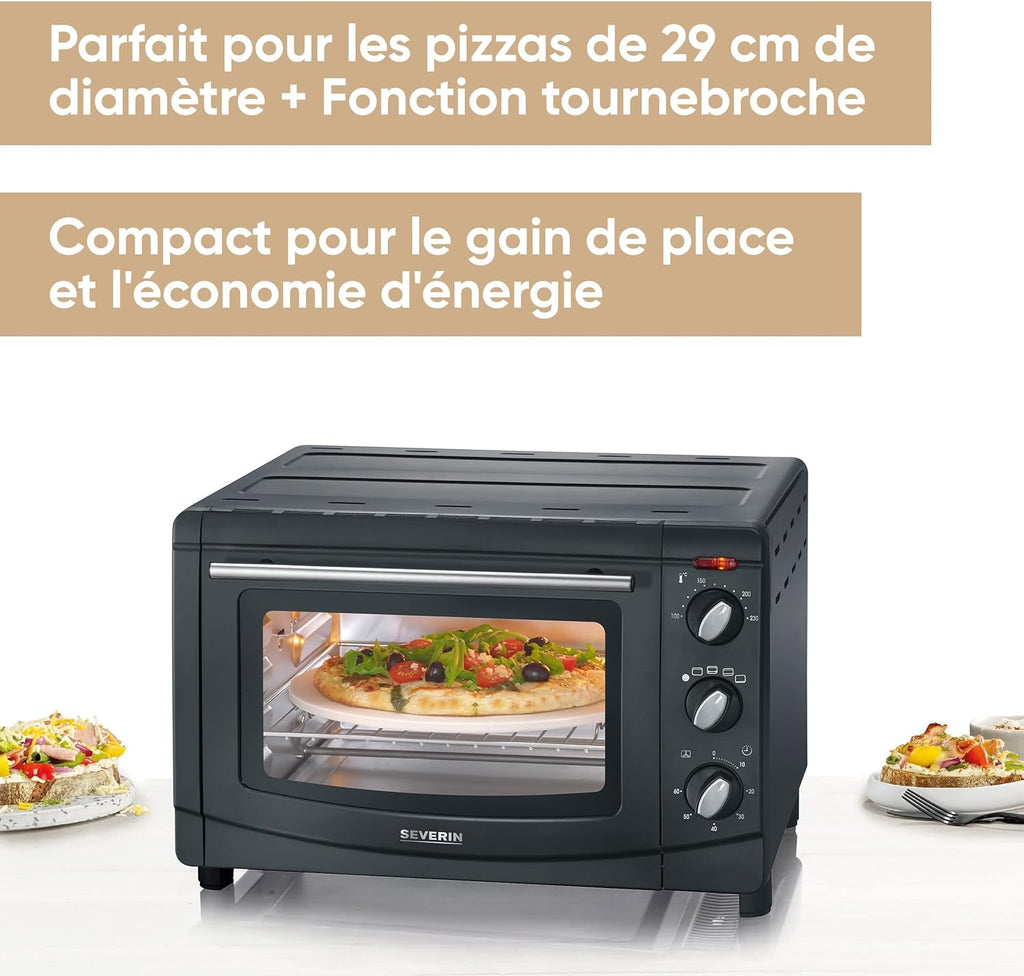 SEVERIN Back- und Toastofen mit Umluftfunktion, Mini Backofen mit Grillrost, Backblech, Drehspie und Pizzastein, vielseitiger Heiluftofen mit 20 L Kapazitt, 1.500 W, schwarz, TO 2068