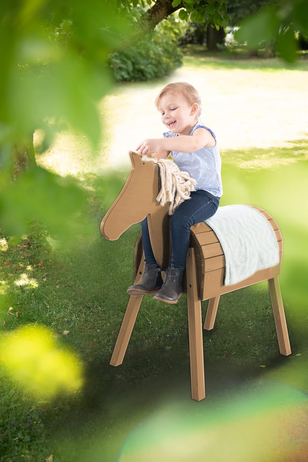 roba Holzpferd für den Garten - Voltigierpferd mit Mähne und Schweif - Spielpferd zum Turnen und Reiten - Holz massiv - Grau lasiert