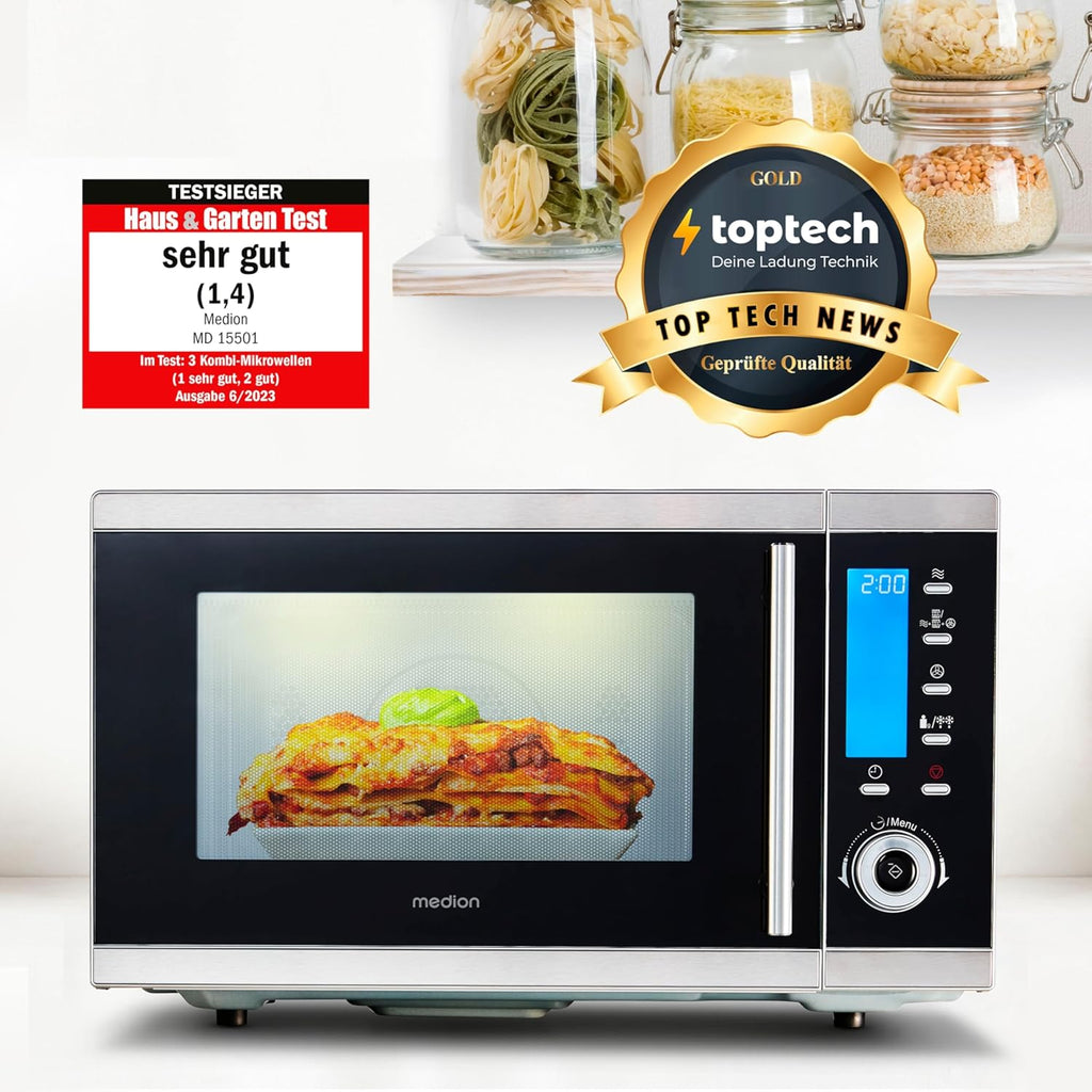MEDION MD 15501 Forno a microonde 4 in 1 con grill (25 litri, 900 Watt, grill 1100 Watt, aria calda 2500 Watt, 10 programmi automatici) argento