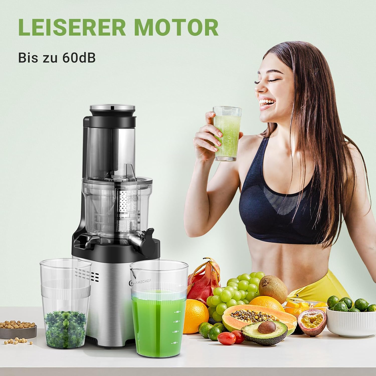 AMZCHEF Estrattore di Succo per Frutta e Verdura con 2 Modalità di Velocità - Slow Juicer con Bottiglia Portatile e 2 Tazze - Cold Press Juicer Senza BPA con LED Intelligente e Funzione di Inversione - Nero