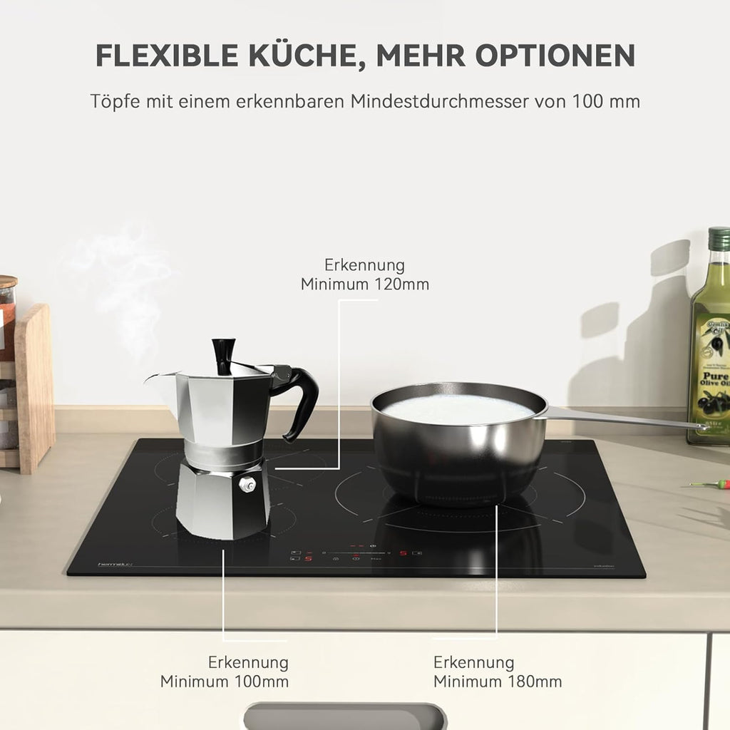Induktionskochfeld 60cm, Eingebautes Schwarzes elektrisches Kochfeld, mit 4 Kochzonen, 9 Leistungsstufen, Geeignet für Eisen- und Edelstahltpf