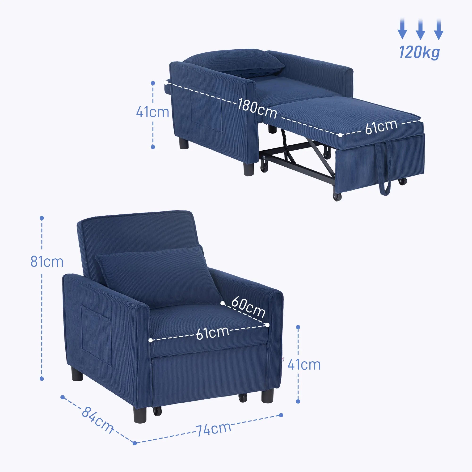 HOMCOM Schlafsessel Klappbett 3in1 verstellbar mit Rollen Blau