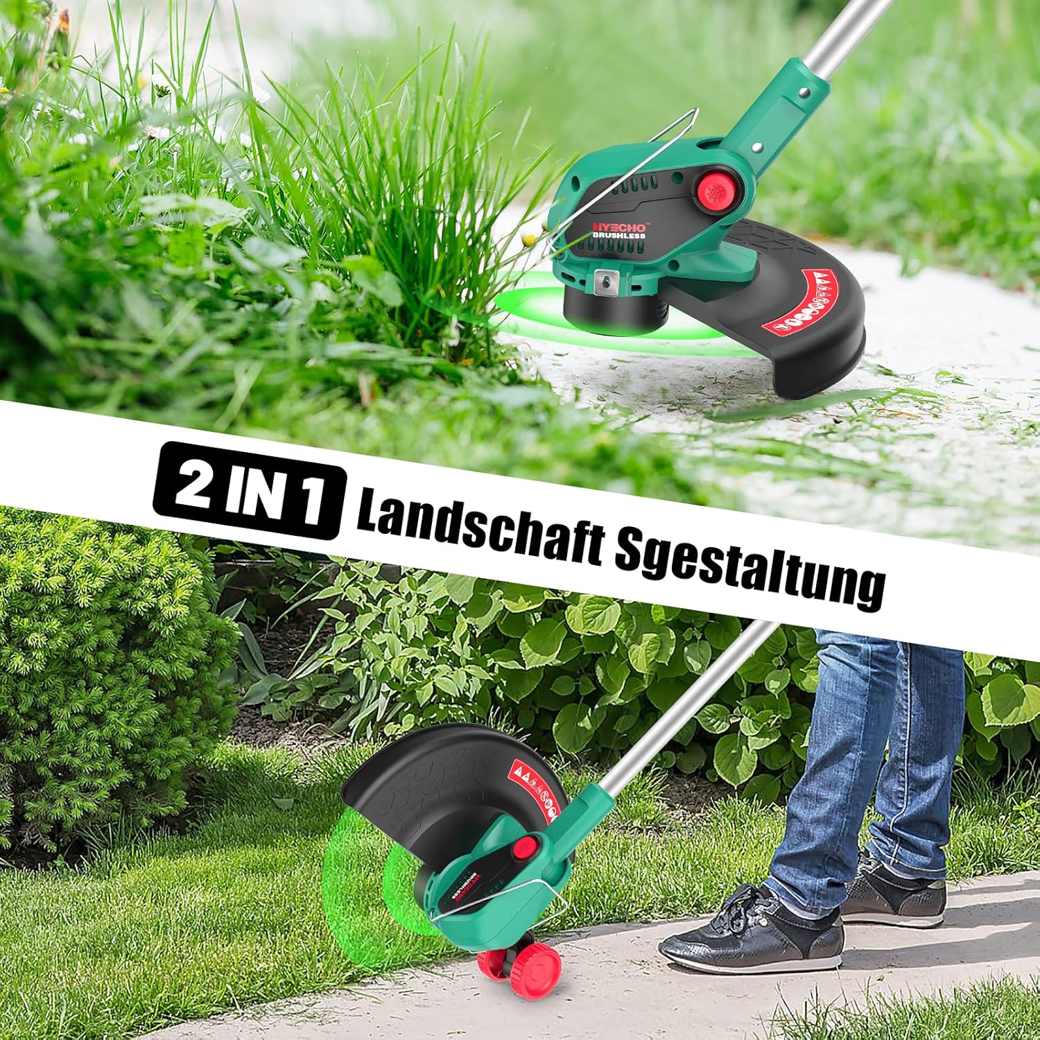 Tagliabordi a batteria HYECHO 36V, Tagliabordi senza spazzole con 2 batterie da 2,0Ah, Tagliabordi a batteria con velocità variabile, Diametro di taglio 35 cm, Impugnatura regolabile, Testa girevole a 2 fili