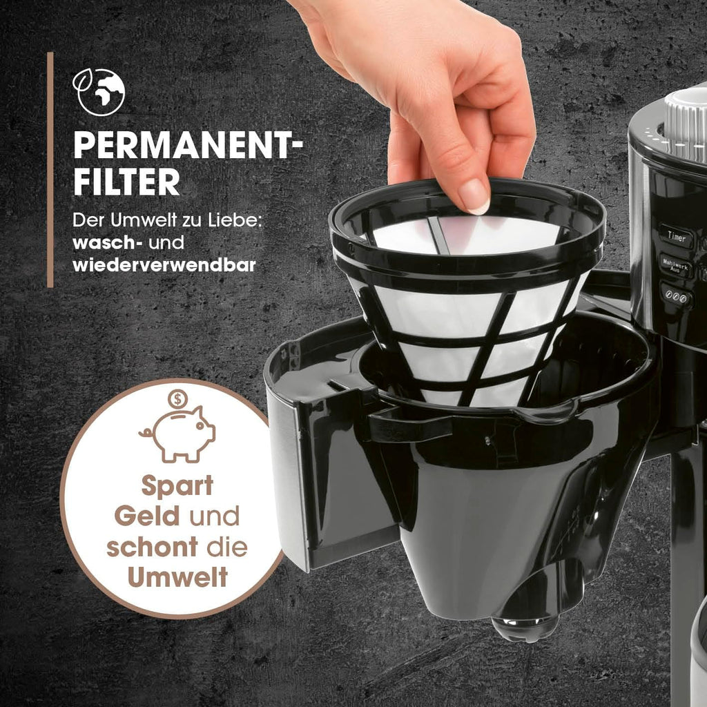 Barista Filterkaffeemaschine mit verstellbarem Mahlwerk & Thermokanne | Warmhaltefunktion, 24h Timer & Permanentfilter | Für 10 Tassen Kaffee | Kaffeemaschine für Bohnen & Pulver [Edelstahl]
