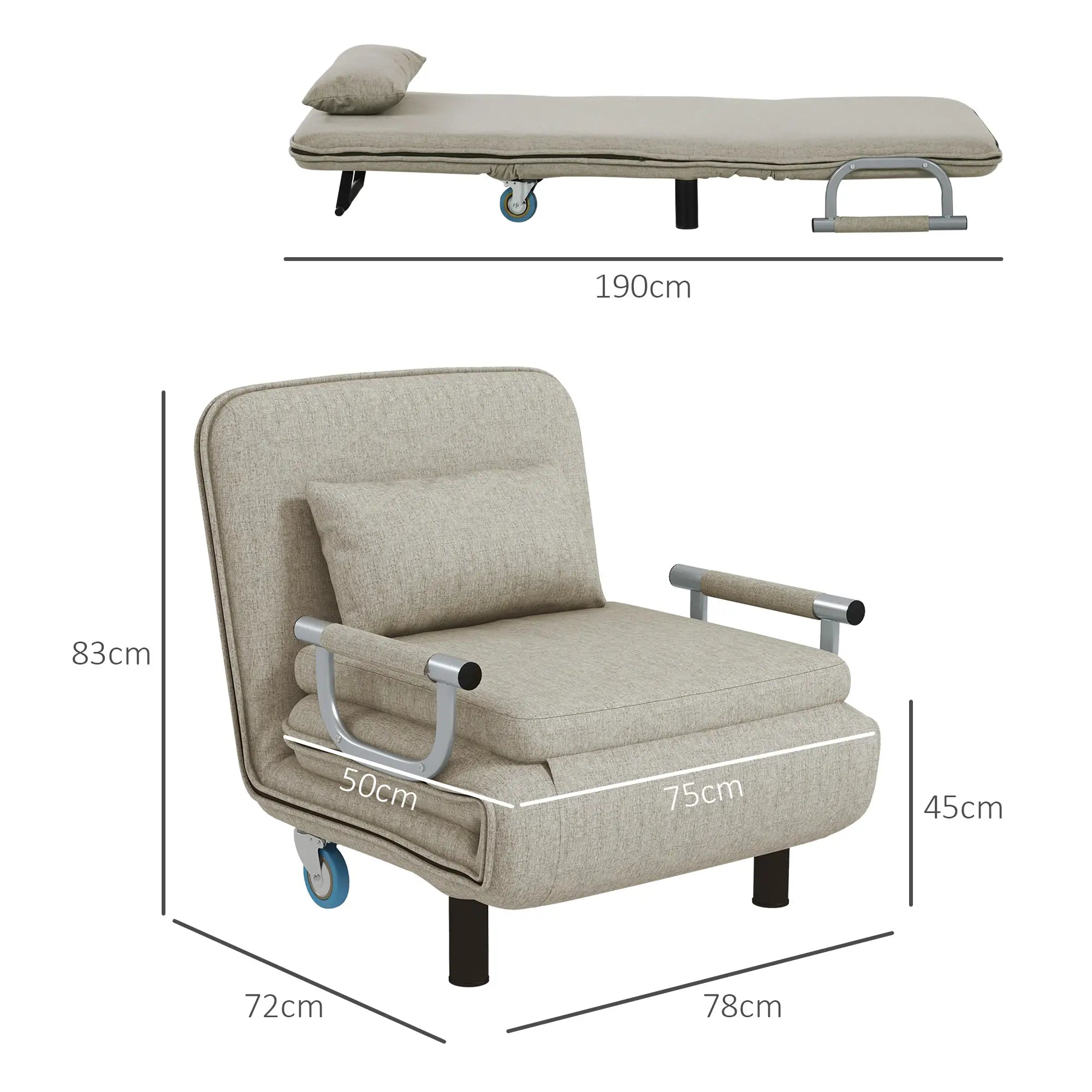 HOMCOM Schlafsessel mit Bettfunktion 3-fach verstellbar mit Rollen