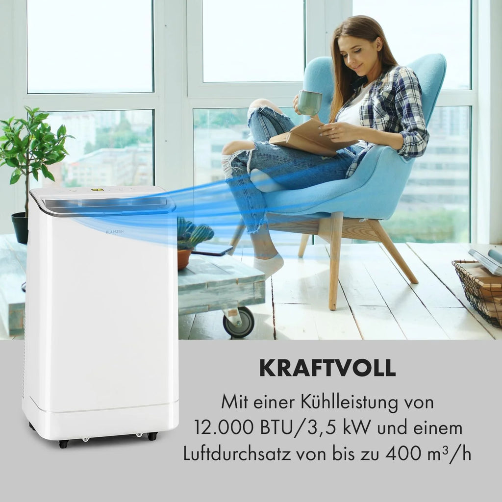 Klarstein Condizionatore Portatile 3-in-1 con Tubo di Scarico, Climatizzatore con Ventilatore, Deumidificatore e Modalità Notturna, Climatizzatore Piccolo e Portatile per Casa e Ufficio, 12000 BTU Basso Consumo