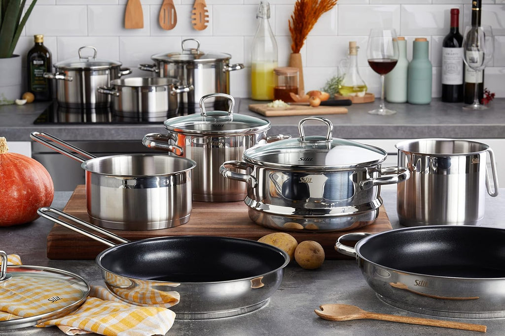 Silit Toskana Set di pentole 10 pezzi, adatto all'induzione, Set di pentole con coperchio in vetro, Pentole a induzione, Bollilatte, Vaporiera, Padella, Acciaio inossidabile parzialmente opaco, Set di pentole a induzione non rivestite