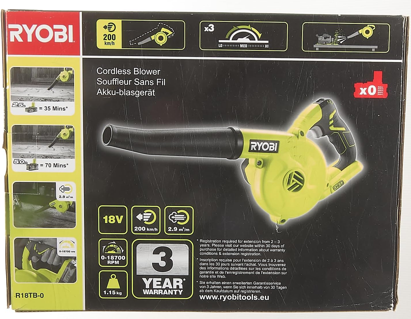 18 V ONE+ Akku-Geblse R18TB-0 (Luftvolumen 2,9 m/min, Luftgeschwindigkeit von 200 km/h, ohne Akku und Ladegert)