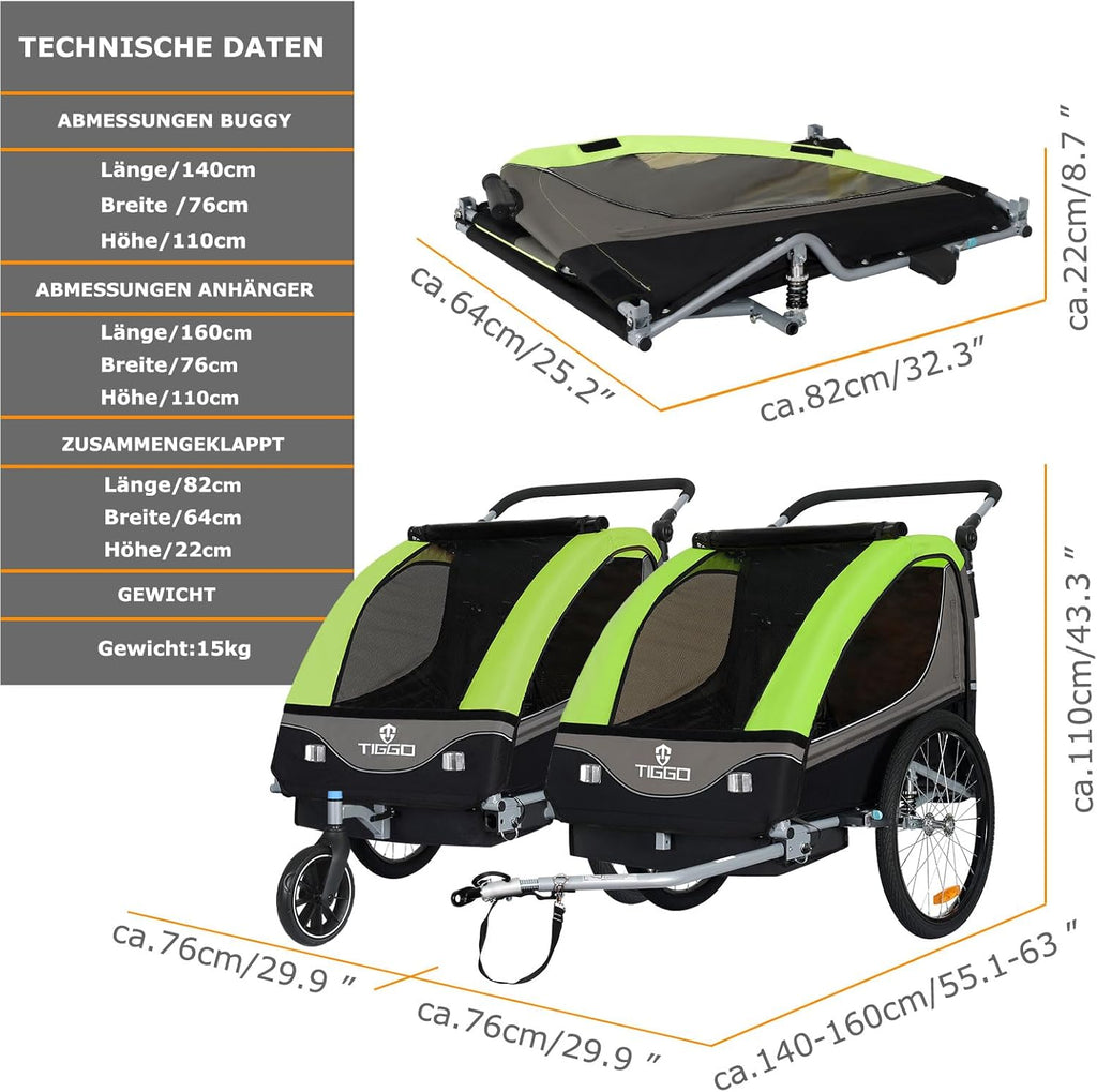 Tiggo S2 Rimorchio per Bambini con Sospensioni Jogger 2 in 1 Passeggino Bicicletta Rimorchio Girevole a 360°