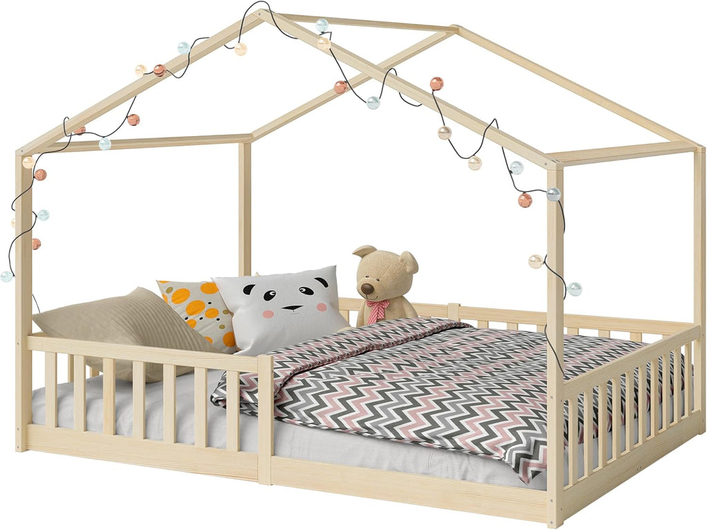 Bellabino Lettino per bambini Bia 140x200 cm, letto a capanna per bambini con protezione anticaduta e rete a doghe arrotolabile, letto a terra Montessori bianco in legno massello di pino