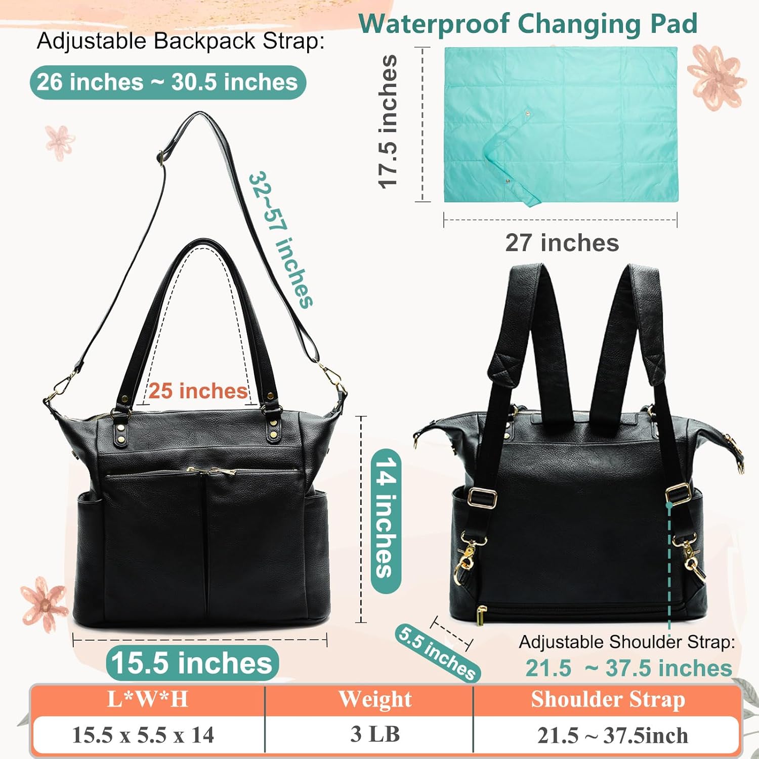 MOMINSIDE Wickeltasche, Tragetasche, Leder-Wickeltasche, Rucksack mit 14 Taschen für Mama, Papa, Suche nach der Baby-Wunschliste, große Reise-Babytasche für Jungen und Mädchen mit 4 isolierten