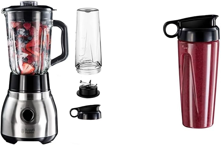Russell Hobbs Frullatore 2-in-1 [Frullatore con caraffa in vetro da 1,5 l e mini frullatore da 0,6 l con borraccia to-go con coperchio] Lavabile in lavastoviglie, Funzione Pulse/Tritaghiaccio, Bicchieri senza BPA, Acciaio inox 23821-56
