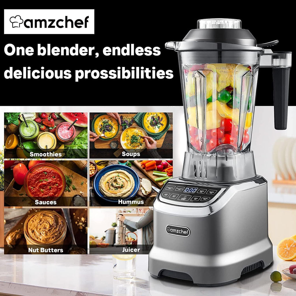 AMZCHEF Frullatore Professionale 2 IN1 con Contenitori da 1850 ml e 600 ml per Due Modalità di Frullatura | Frullatore da Tavolo 2000 Watt con 6 Lame Professionali e 22000 Giri/Min - Grigio Opaco