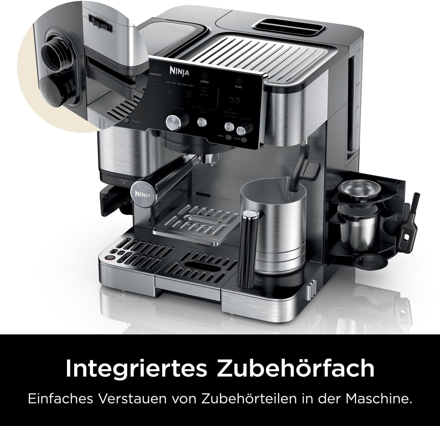 Ninja Luxe Essential Macchina da caffè 2-in-1 con macinacaffè e montalatte per latte, cappuccino ed espresso, facile da usare, 2 impostazioni predefinite per la schiuma, argento, ES501EU