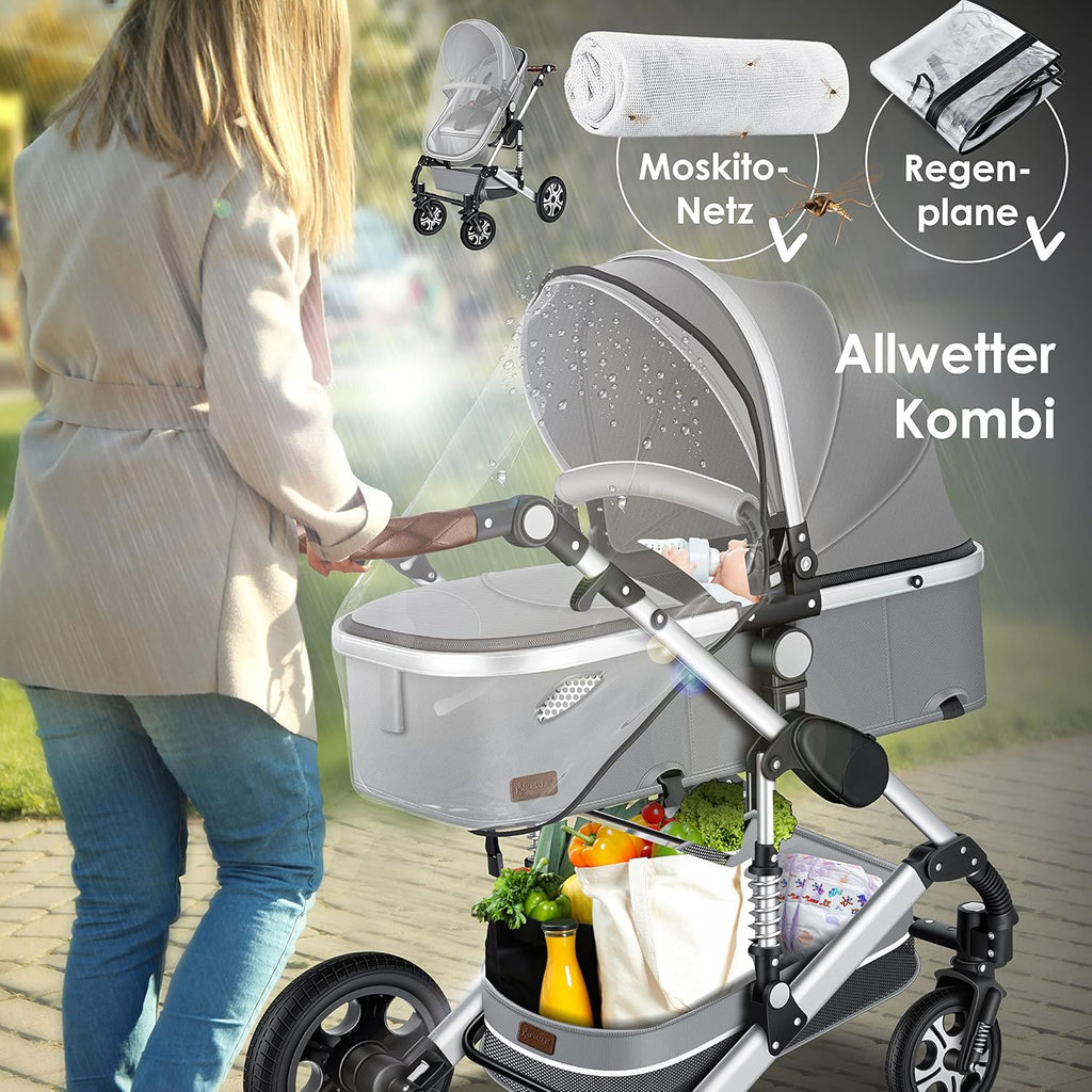 KESSER Passeggino trio Loops 3 in 1, set completo con navicella, seduta sportiva e seggiolino auto con pneumatici in gomma piena, borsa fasciatoio, parapioggia, tavolino, ECE R129, nero/champagne