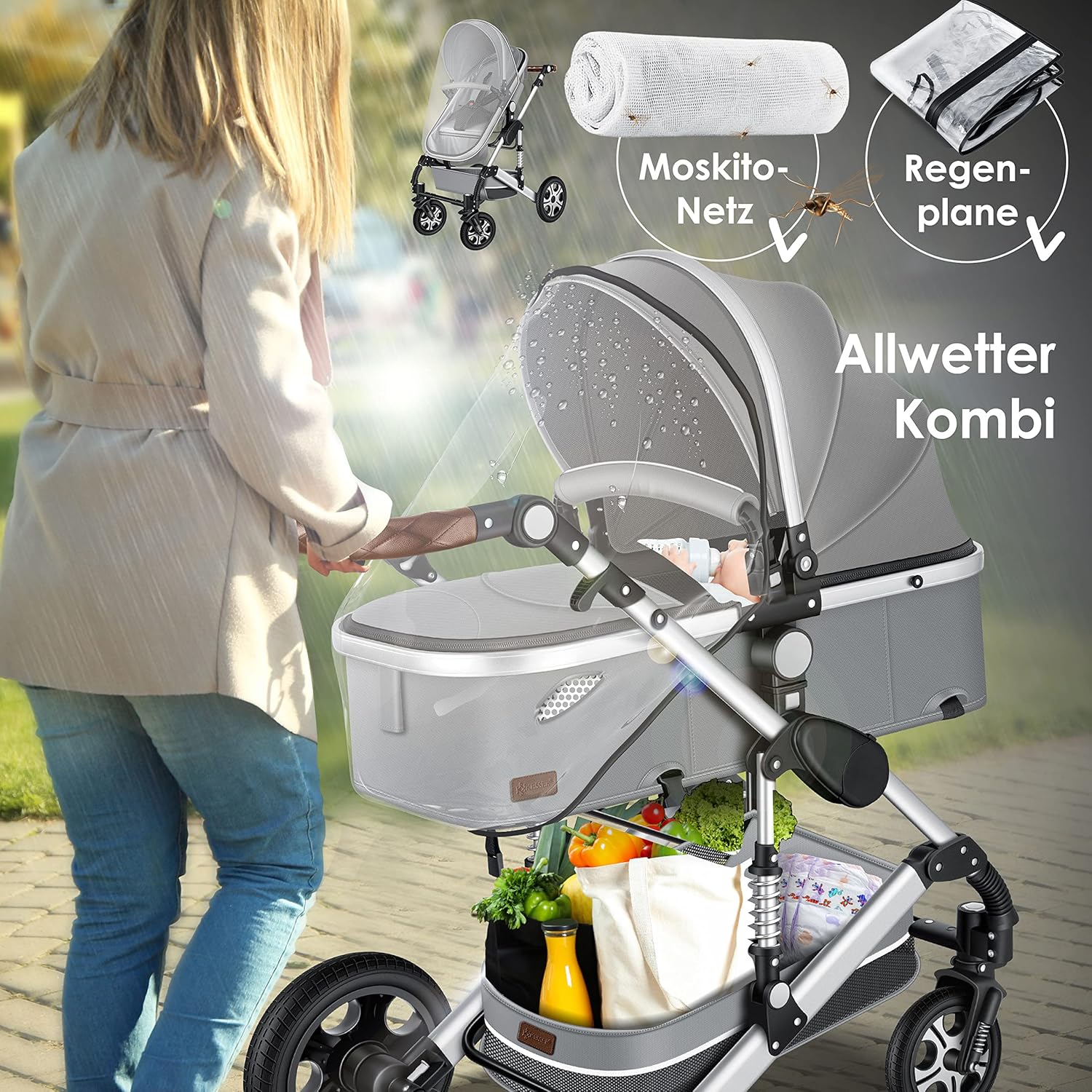 KESSER Loops 3 in 1 Passeggino Combinato, Set Completo con Navicella, Seduta Sportiva Buggy e Seggiolino Auto Ovetto, Gomme Piene, Borsa Fasciatoio, Parapioggia, Tavolino, ECE R129, Nero/Champagne