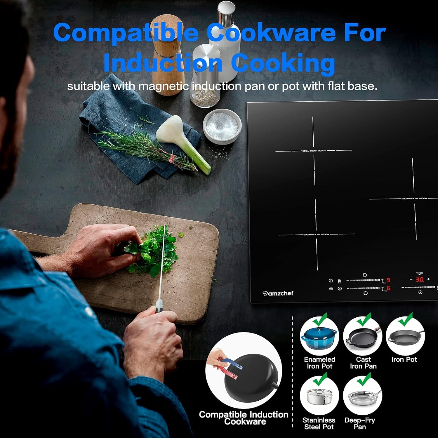 AMZCHEF Piano Cottura a Induzione 5 Zone, Incasso, con Funzione Booster e 9 Livelli, Funzione Pausa e Mantenimento in Caldo, Piano Cottura a Induzione con Controlli Slider, Timer Multifunzione, 7400W