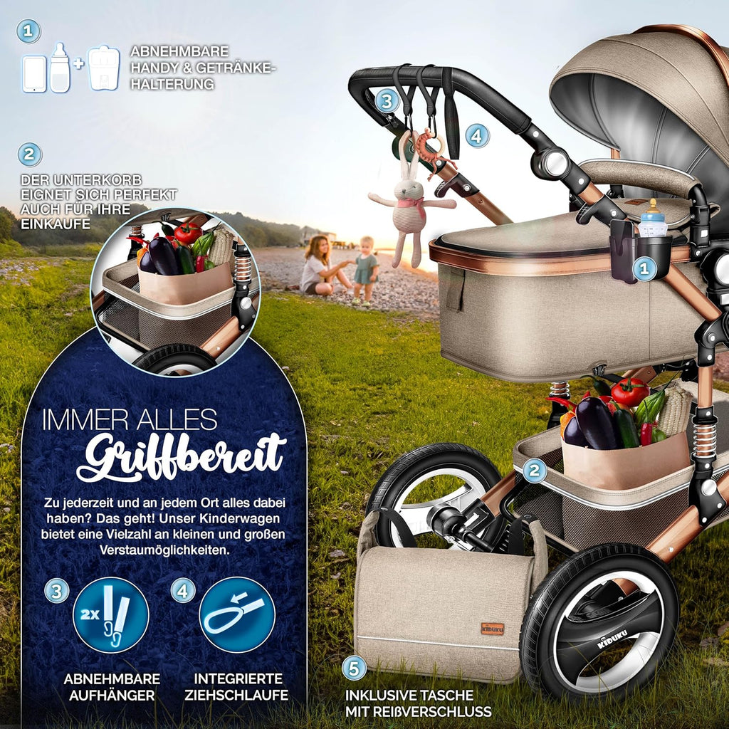 KIDUKU® Set completo passeggino 3 in 1 | Set passeggino combinato con navicella e sedile sportivo passeggino e seggiolino auto ovetto sacco a pelo | Ruote in gomma piena borsa per il cambio scaldamani parapioggia tavolino ECE R129