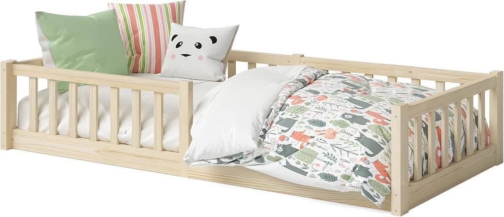 Bellabino Vere Letto a Pavimento 140x200 Montessori, Letto Matrimoniale con Protezione Anticaduta e Rete a Doghe, Letto per Bambini e Bambine in Legno Massello di Pino Bianco con Sbarre