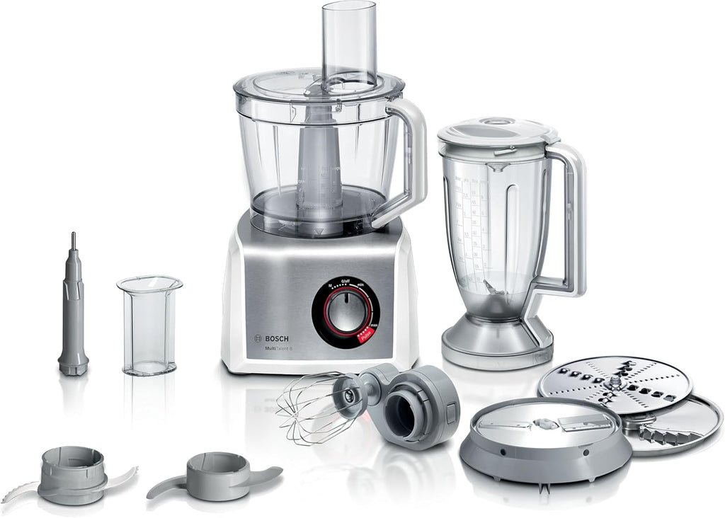 Bosch Kompakt-Küchenmaschine MultiTalent 8 MC812S814, 45 Funktionen, XXL-Rührschüssel 3,9 L, Mixer 1,5 L, Universalmesser, Rührbesen, schneiden und raspeln (fein,grob), 1250 W, wei/edelstahl
